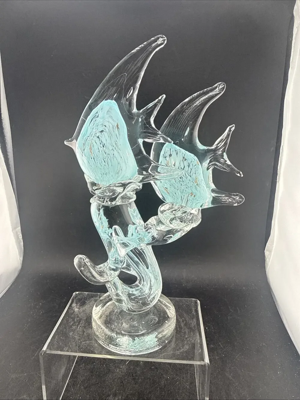 Vintage Murano Style Art Glass Double Angelfish on Wave Sculpture Blue Clear